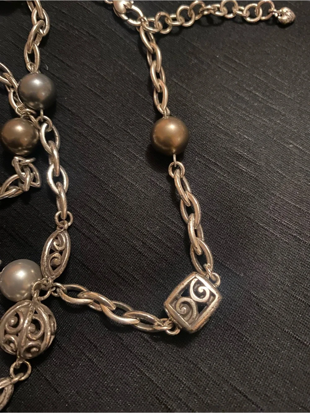 Brighton Ball Cube Pearl Gray Brown Silver Long Silver Necklace/ belt retired